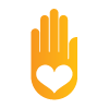 Orange hand icon with heart shape in palm