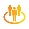 Orange icon depicting three people standing in a circle