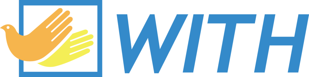 the WITH Foundation logo. Two doves that also allude to two hands clapping in a blue box, with the word "WITH" next to it.